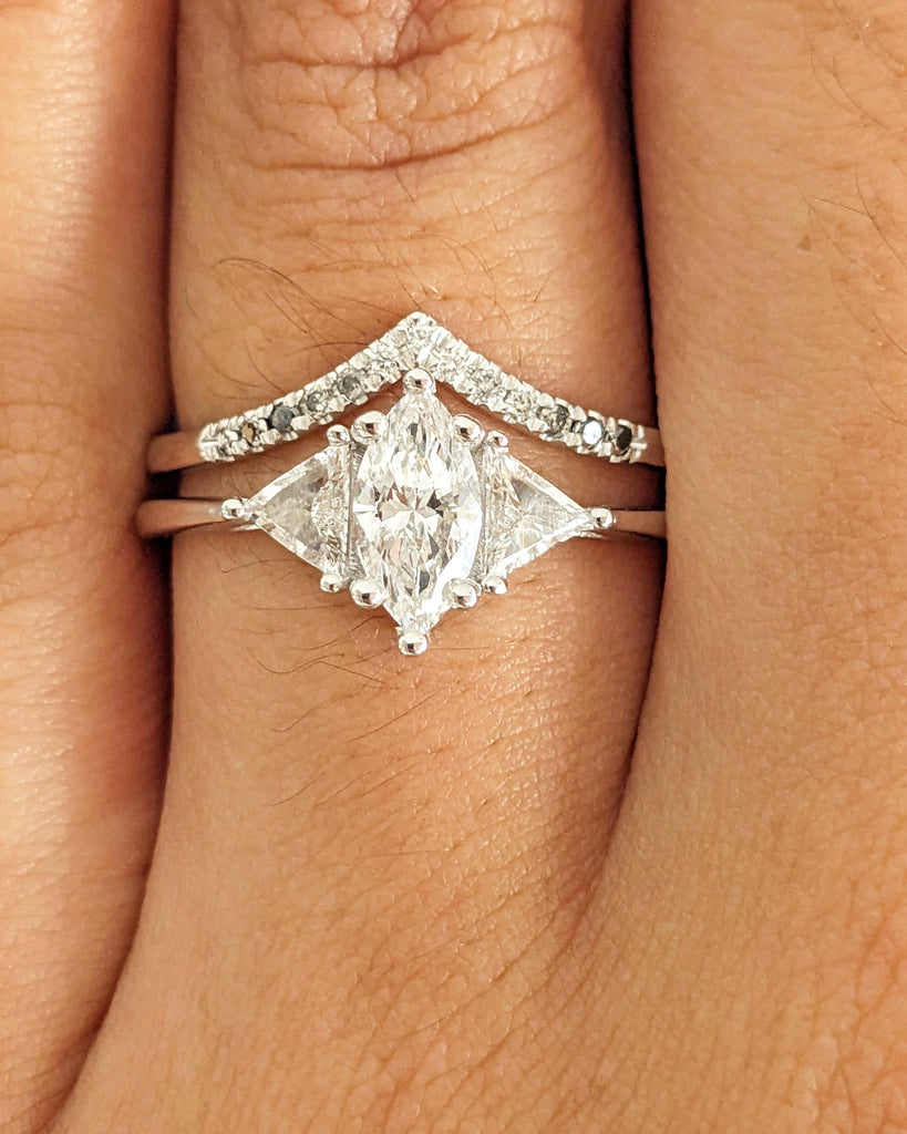Unique Marquise and Trillion Moissanite Bridal Ring Set, 14K Gold Marquise Cut Moissanite Engagement Ring, Ombre Diamond Curved Wedding Band image #2