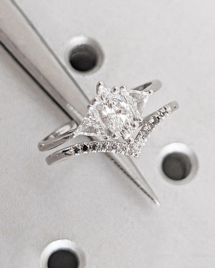 14K Gold Art Deco Bridal Set: Marquise Lab Diamond Engagement Ring, Trillion Side Stones, Ombre Diamond Chevron Band, Vintage Wedding Rings