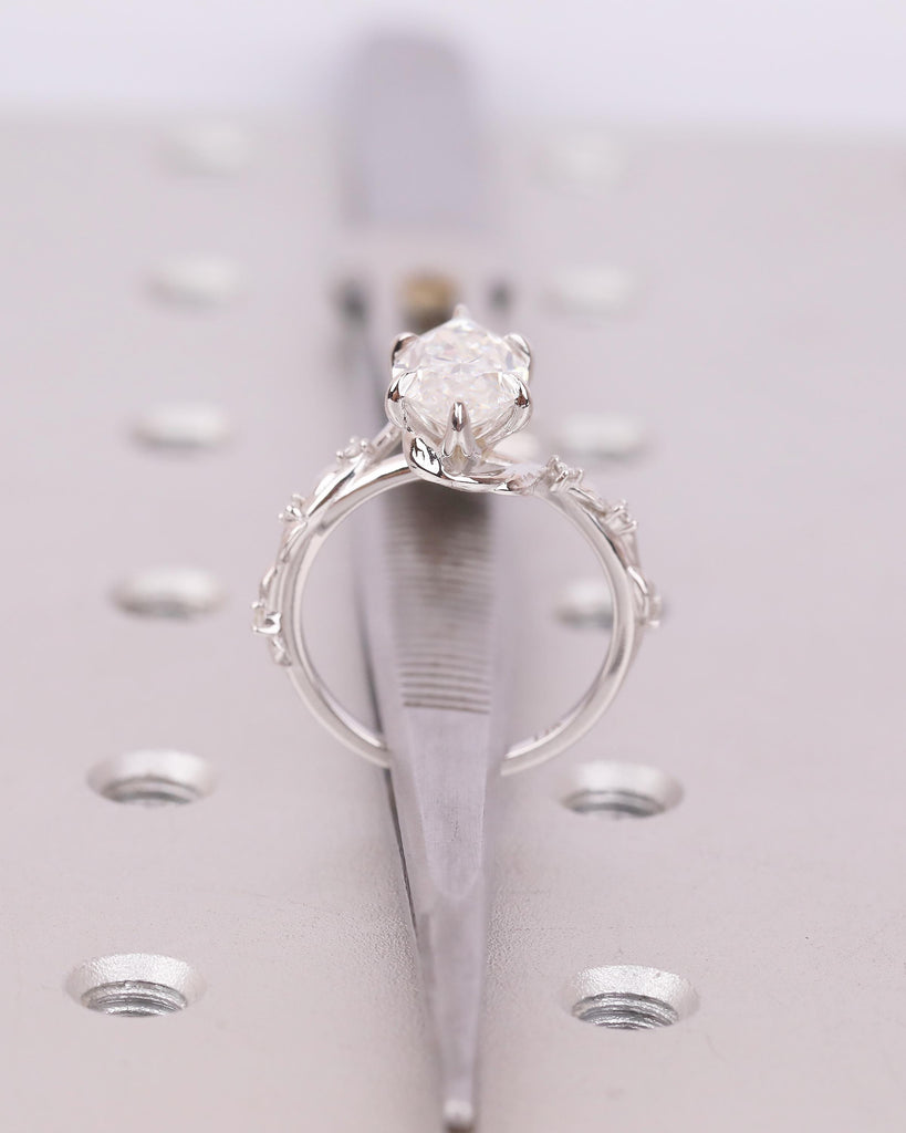 Marquise Moissanite Ring, Vintage Engagement Ring, Unique Nature Jewelry, 14k White Gold Statement Rings image #7