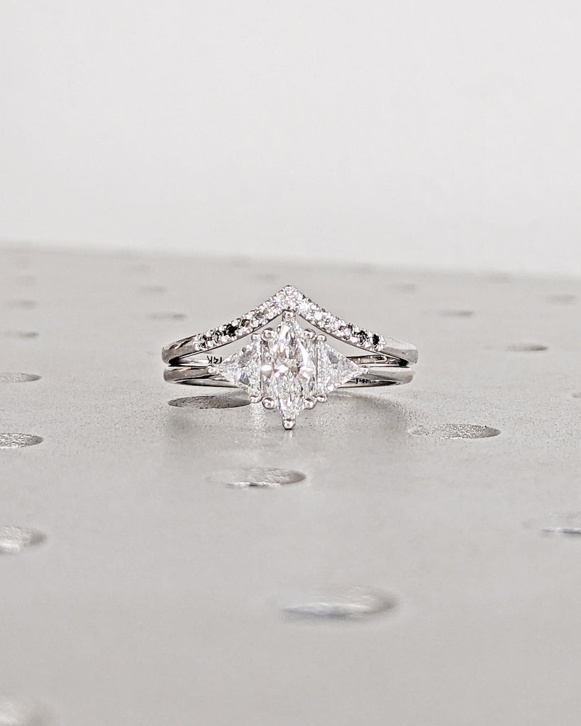 Unique Marquise Lab Grown Diamond Bridal Set, 14K Gold Engagement Ring Set, Side Trillions, Ombre Diamond Wedding Band, Anniversary Rings