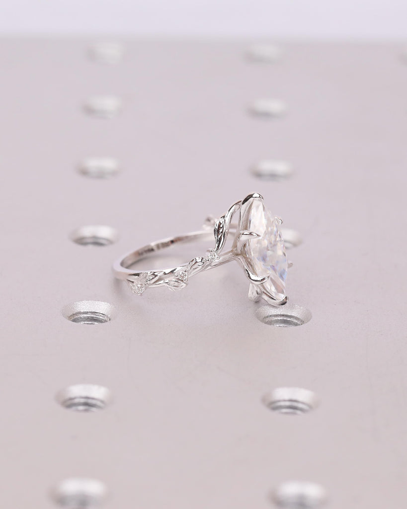 Marquise Lab Diamond Engagement Ring, Art Deco 14k White Gold Floral Ring, Statement Jewelry image #15