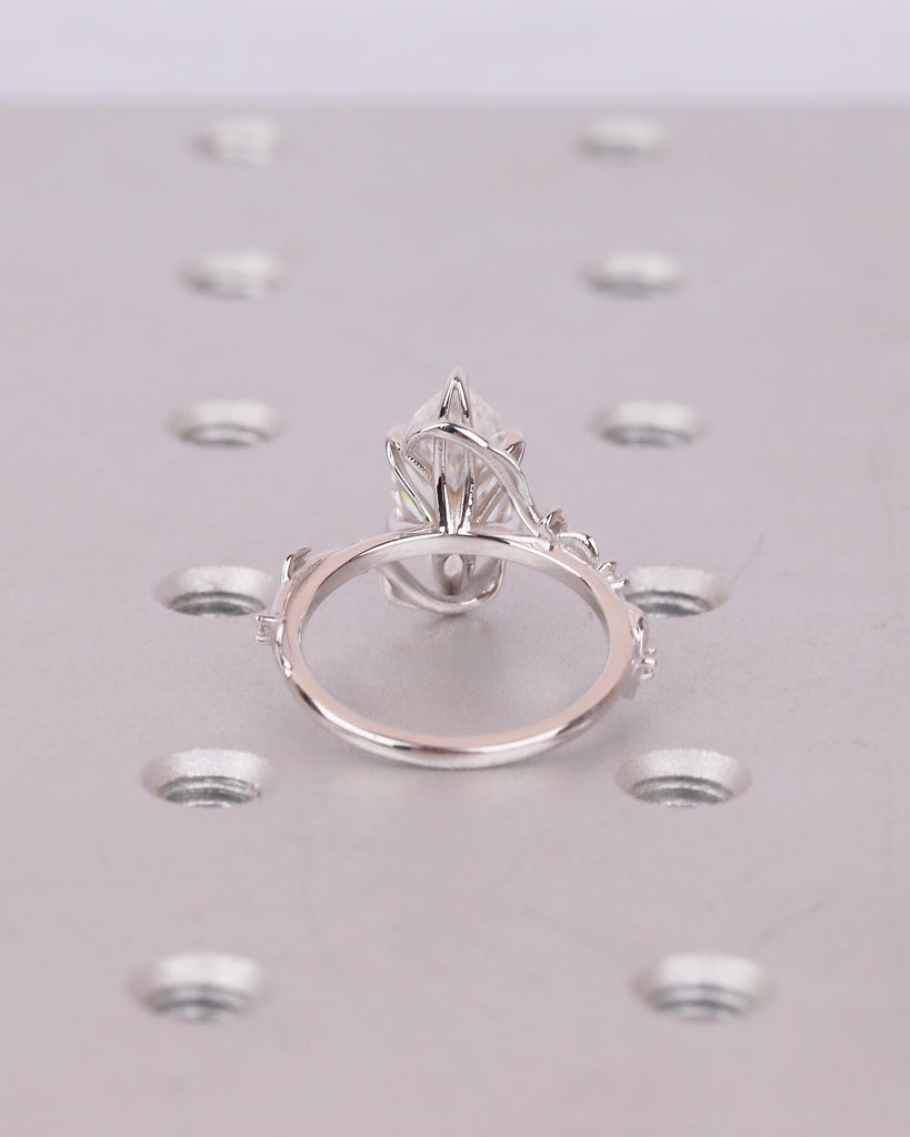 Marquise Lab Diamond Engagement Ring, Art Deco 14k White Gold Floral Ring, Statement Jewelry image #6