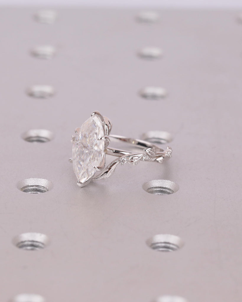Marquise Lab Diamond Engagement Ring, Art Deco 14k White Gold Floral Ring, Statement Jewelry image #4