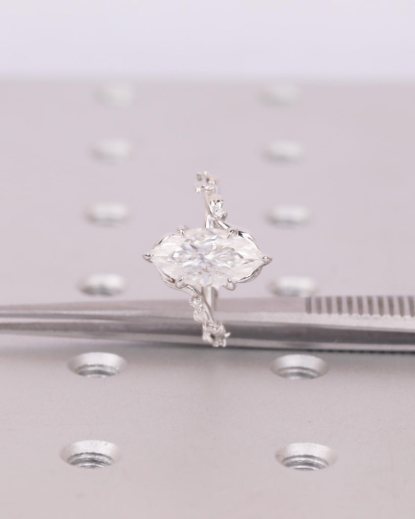 Marquise Lab Diamond Engagement Ring, Art Deco 14k White Gold Floral Ring, Statement Jewelry image #10