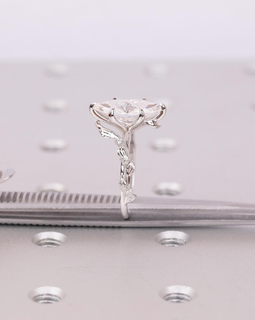 Marquise Lab Diamond Engagement Ring, Art Deco 14k White Gold Floral Ring, Statement Jewelry image #5