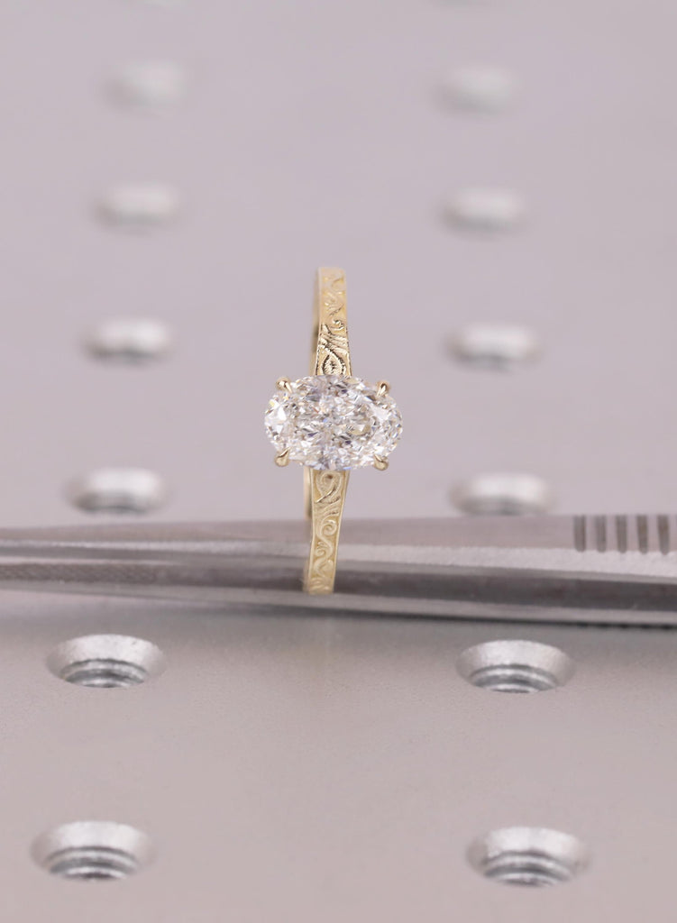 14K/18K Yellow Gold Oval Lab Diamond Engagement Ring, Vintage Filigree Band, Solitaire Wedding Ring, Ring For Women, Solid Gold Jewelry Gift image #9