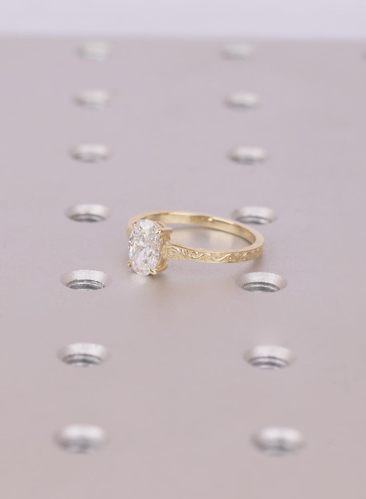 14K/18K Yellow Gold Oval Lab Diamond Engagement Ring, Vintage Filigree Band, Solitaire Wedding Ring, Ring For Women, Solid Gold Jewelry Gift