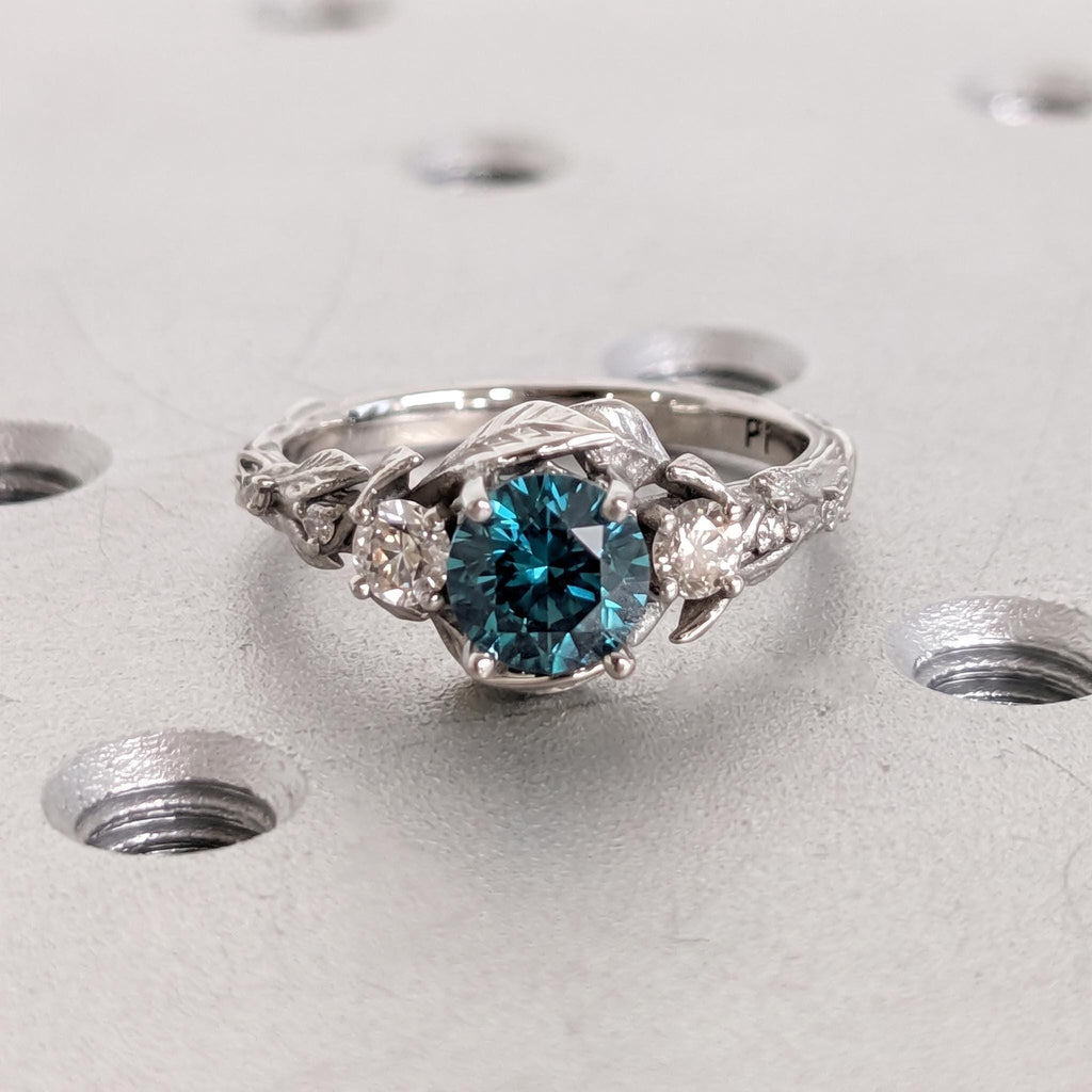 0.5ct Teal Sapphire Engagement Rings for Women | Solid Gold or Platinum Leaf Design Wedding Ring | Gemstone Bridal Jewelry