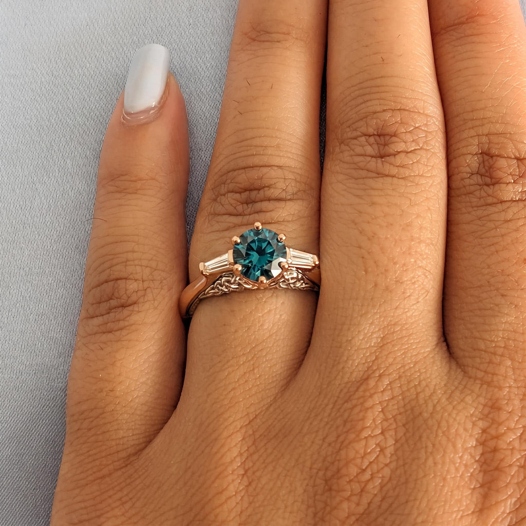 14k Rose Gold Teal Sapphire Engagement Ring | Vintage Three Stone Ring | Art Deco Wedding Ring Anniversary Gift for Her image #5