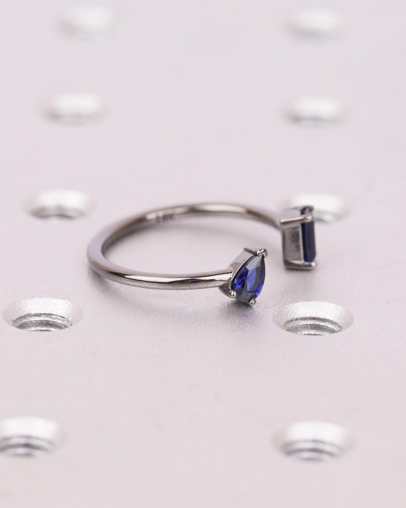 Pear and Emerald cut Blue Sapphire Ring, 14K Black Gold Engagement Ring, Toi et Moi Ring, Two Stone Ring, Dainty Stackable Open Wedding Ring image #3