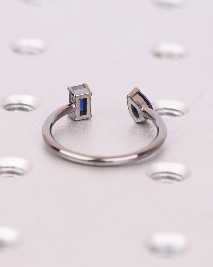 Pear and Emerald cut Blue Sapphire Ring, 14K Black Gold Engagement Ring, Toi et Moi Ring, Two Stone Ring, Dainty Stackable Open Wedding Ring image #4