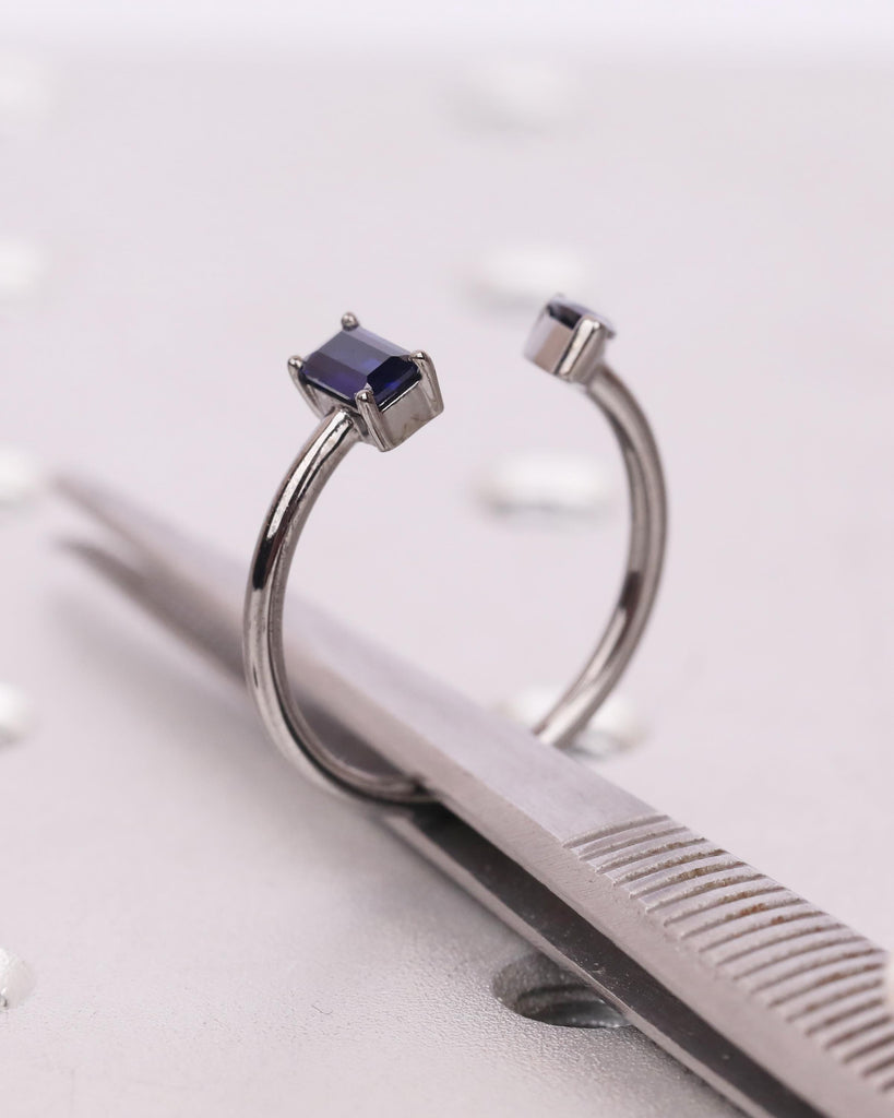 Pear and Emerald cut Blue Sapphire Ring, 14K Black Gold Engagement Ring, Toi et Moi Ring, Two Stone Ring, Dainty Stackable Open Wedding Ring image #10