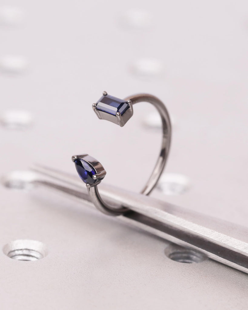 Pear and Emerald cut Blue Sapphire Ring, 14K Black Gold Engagement Ring, Toi et Moi Ring, Two Stone Ring, Dainty Stackable Open Wedding Ring image #6
