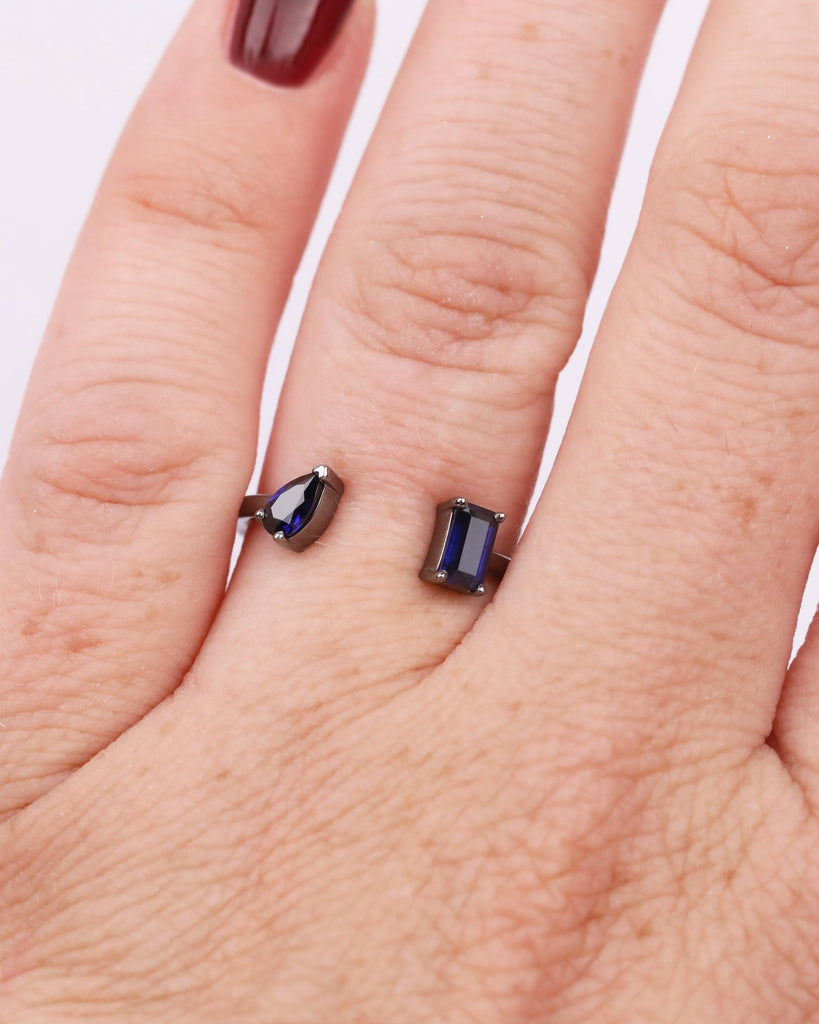 Pear and Emerald cut Blue Sapphire Ring, 14K Black Gold Engagement Ring, Toi et Moi Ring, Two Stone Ring, Dainty Stackable Open Wedding Ring image #2