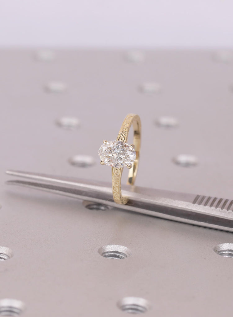 Oval Cut 1.00 CT Lab Grown Diamond Engagement Ring, Solid Gold VVS-VS Prong Set Filigree Band, Wedding Anniversary Solitaire Ring For Women image #2