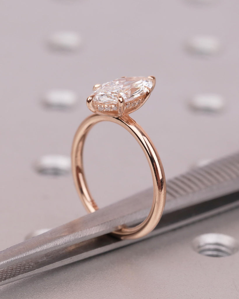 Hidden Halo Lab Grown Diamond Ring, Art Deco 14k Rose Gold Marquise Engagement Ring image #2