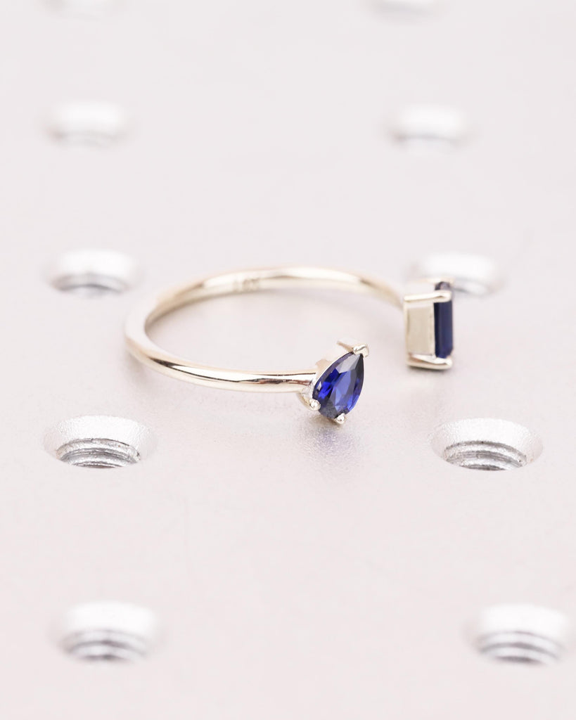 Solid Gold Blue Sapphire Open Ring, Toi et Moi Engagement Ring, Pear & Emerald Cut Two Stone Ring, September Birthstone Promise Ring for Her image #5