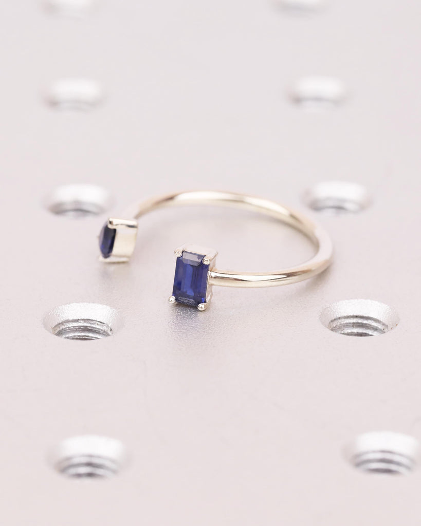 Pear and Emerald cut Blue Sapphire Ring, 14K Solid Gold Sapphire Engagement Ring, Toi et Moi Ring, Two Stone Ring, Custom Open Stacking Ring image #4