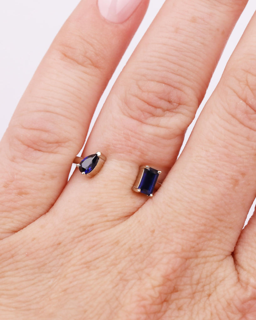 Pear and Emerald cut Blue Sapphire Ring, 14K Solid Gold Sapphire Engagement Ring, Toi et Moi Ring, Two Stone Ring, Custom Open Stacking Ring image #2
