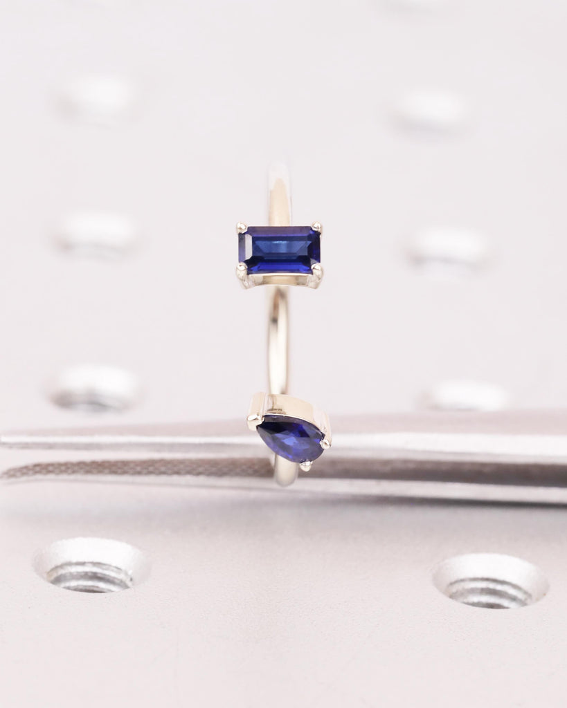 Solid Gold Blue Sapphire Open Ring, Toi et Moi Engagement Ring, Pear & Emerald Cut Two Stone Ring, September Birthstone Promise Ring for Her image #7