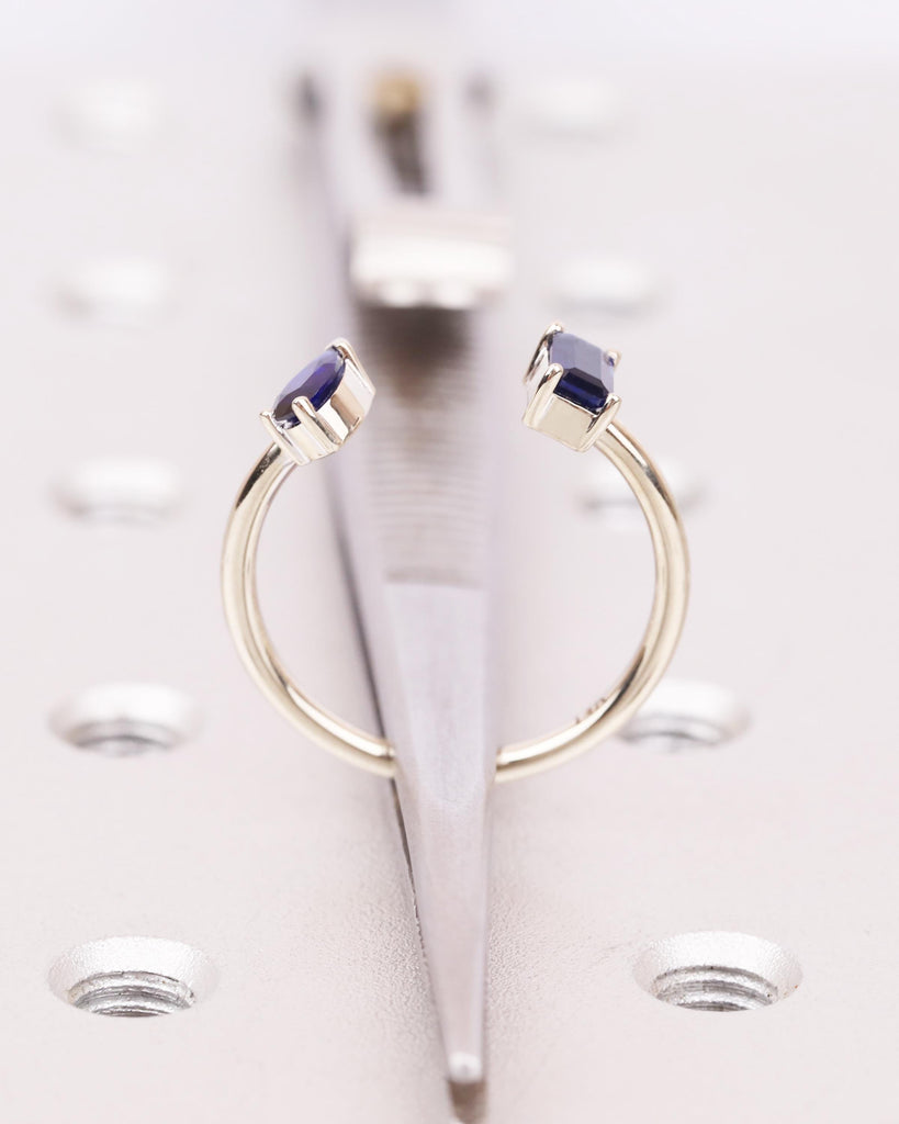 Pear and Emerald cut Blue Sapphire Ring, 14K Solid Gold Sapphire Engagement Ring, Toi et Moi Ring, Two Stone Ring, Custom Open Stacking Ring image #11