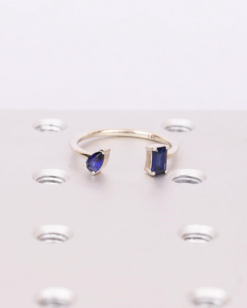 Pear and Emerald cut Blue Sapphire Ring, 14K Solid Gold Sapphire Engagement Ring, Toi et Moi Ring, Two Stone Ring, Custom Open Stacking Ring image #1