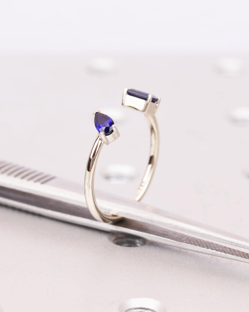 Solid Gold Blue Sapphire Open Ring, Toi et Moi Engagement Ring, Pear & Emerald Cut Two Stone Ring, September Birthstone Promise Ring for Her image #8