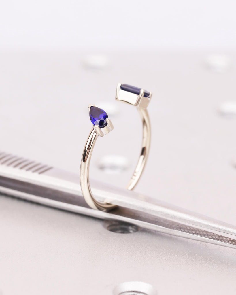 Pear and Emerald cut Blue Sapphire Ring, 14K Solid Gold Sapphire Engagement Ring, Toi et Moi Ring, Two Stone Ring, Custom Open Stacking Ring image #9