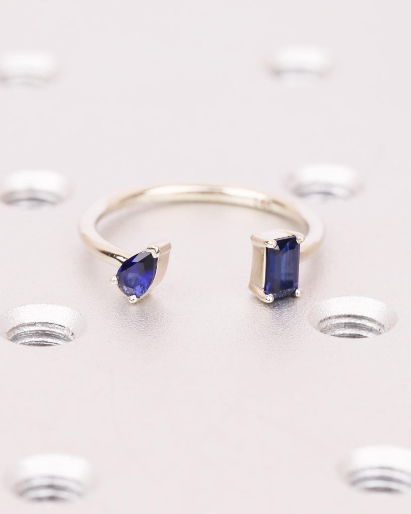 Solid Gold Blue Sapphire Open Ring, Toi et Moi Engagement Ring, Pear & Emerald Cut Two Stone Ring, September Birthstone Promise Ring for Her image #4