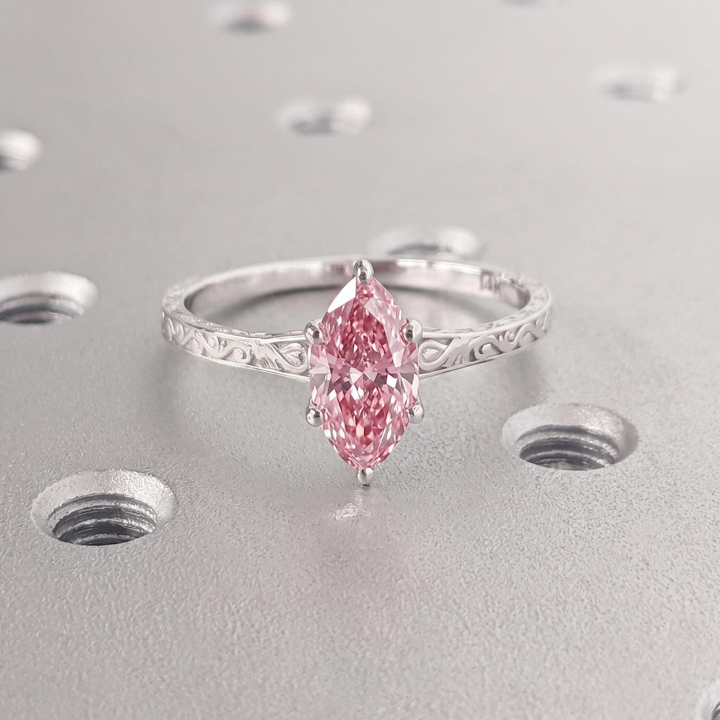 Pink Diamonds Engagement Ring | Marquise cut Solitaire Solid Gold Wedding Ring for Women | Vintage Bridal Jewelry Anniversary Gift image #4
