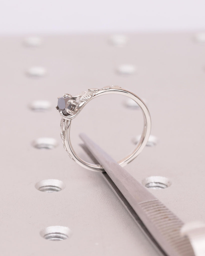Salt and Pepper Diamond Marquise Ring, Art Deco Floral Engagement Ring, Platinum Jewelry image #13