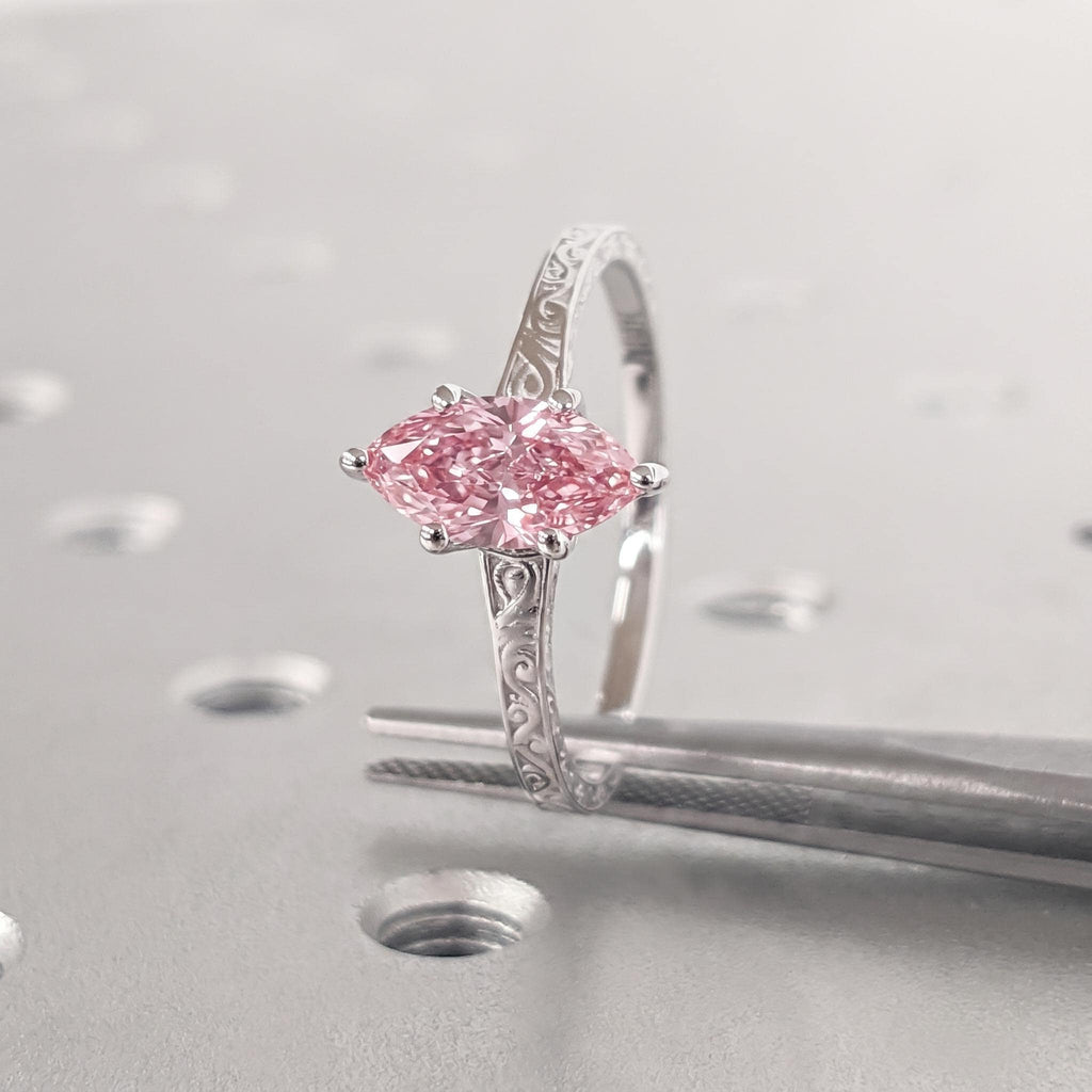 1ct Pink Diamond Engagement Ring | Marquise cut Solitaire Solid Gold Wedding Ring for Women | Vintage Bridal Jewelry Anniversary Gift
