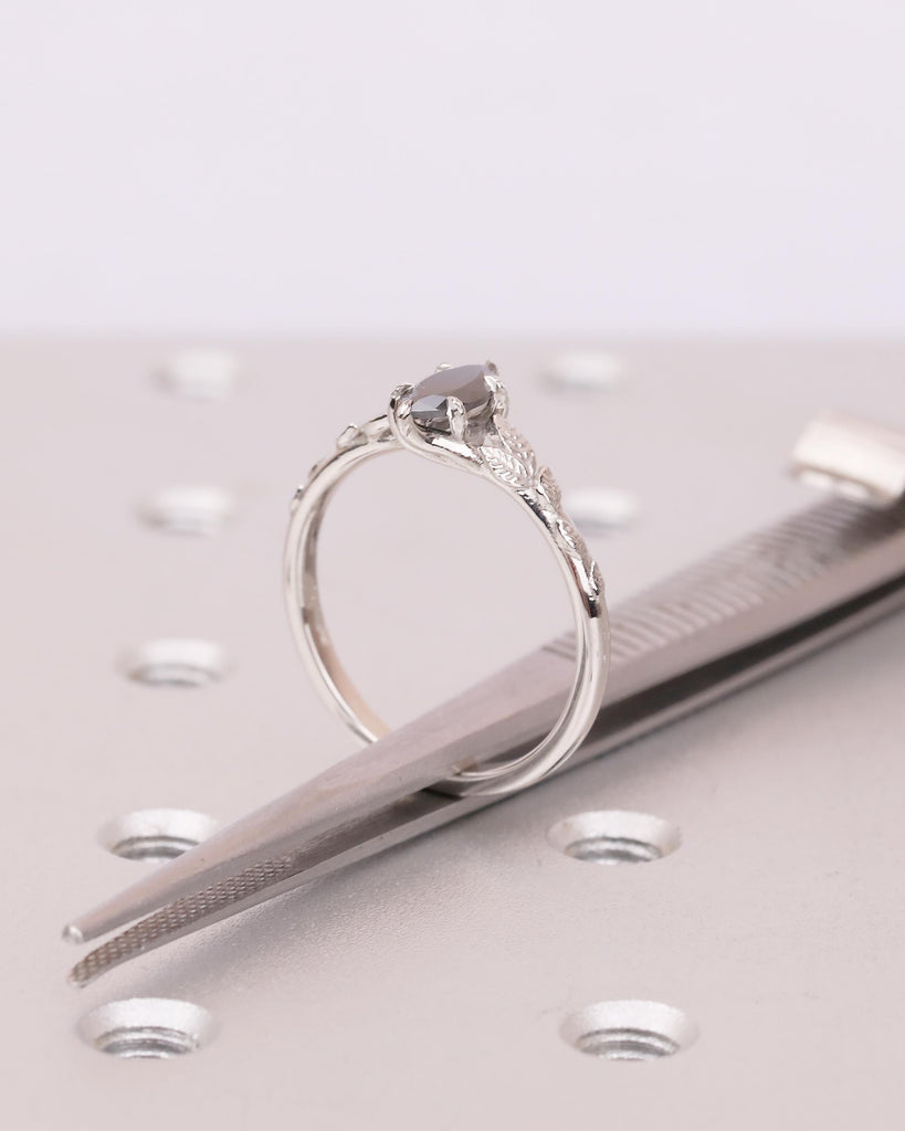 Marquise Salt and Pepper Diamond Engagement Ring, Vintage Nature Inspired Ring, Platinum Promise Rings for Women, Solitaire Handmade Jewelry image #14