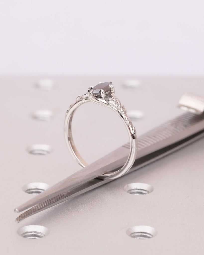 Salt and Pepper Diamond Marquise Ring, Art Deco Floral Engagement Ring, Platinum Jewelry image #14