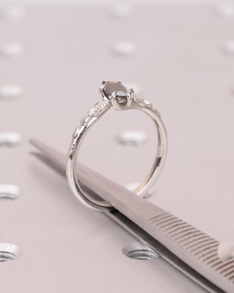 Marquise Salt and Pepper Diamond Engagement Ring, Vintage Nature Inspired Ring, Platinum Promise Rings for Women, Solitaire Handmade Jewelry image #16