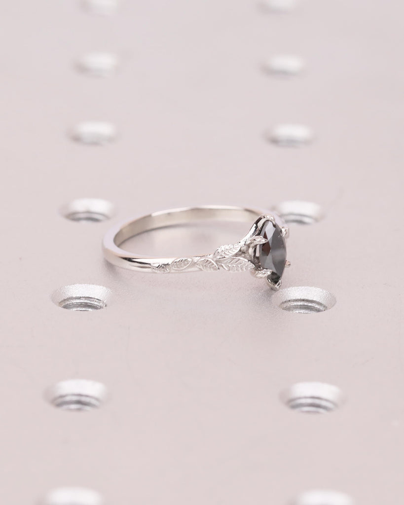 Salt and Pepper Diamond Marquise Ring, Art Deco Floral Engagement Ring, Platinum Jewelry image #4