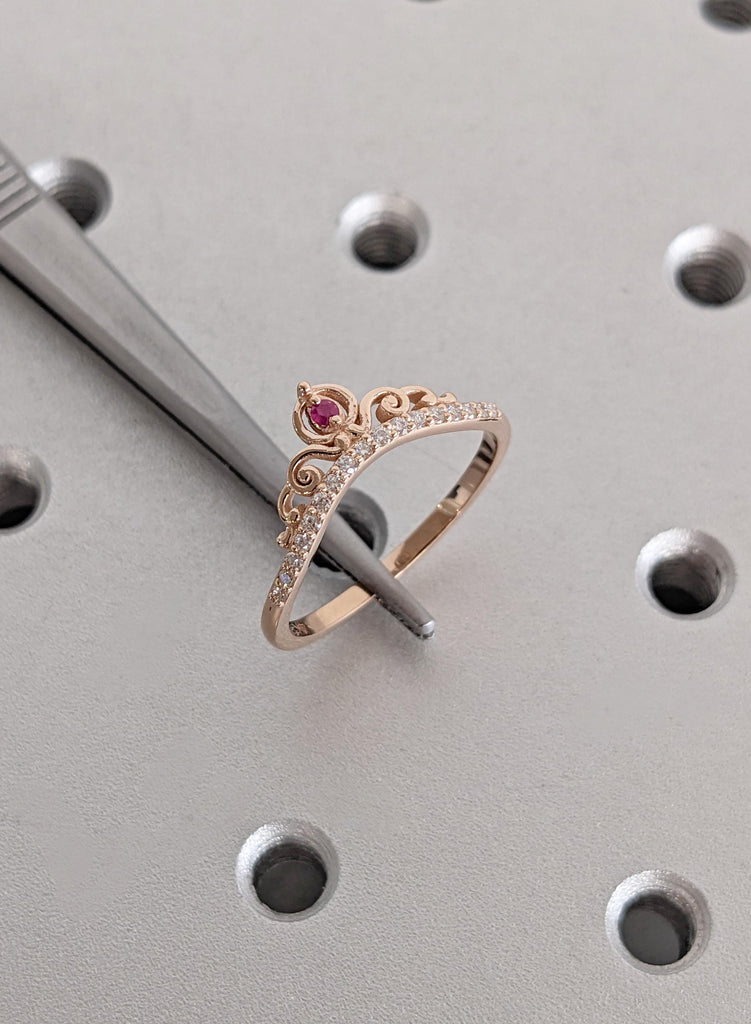 Rose Gold Crown Wedding Ring, Ruby Tiara Ring, Curved Gold Stackable Ring, Unique Princess Crown Ring, Dainty Red Gemstone Anniversary Gift image #9