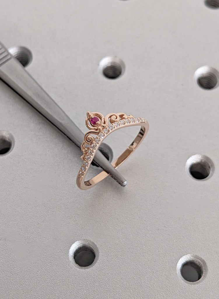 Ruby Crown Wedding Band, Rose Gold Tiara Ring, Curved Diamond Chevron Band, Matching Stacking Bridal Ring, Princess Promise Ring For Her image #10
