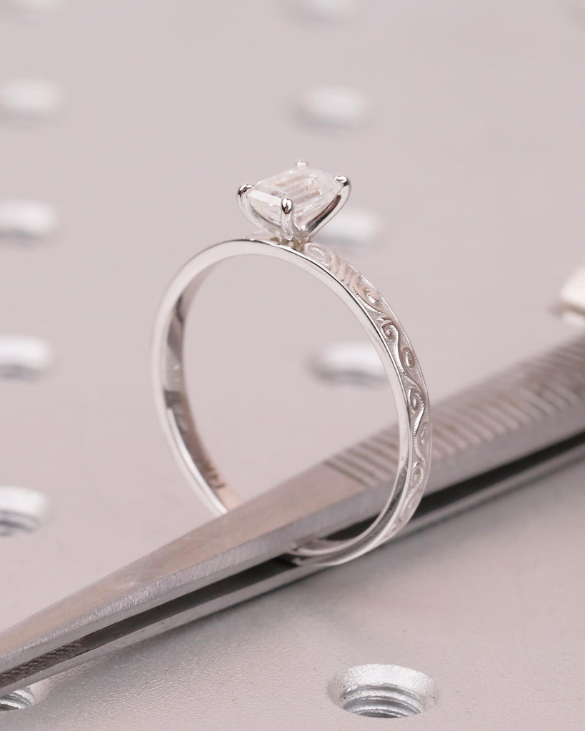 Emerald Cut Engagement Ring, Vintage Moissanite Promise Ring for Her, 14k White Gold Art Deco Scrollwork Band, Solitaire Anniversary Rings image #3