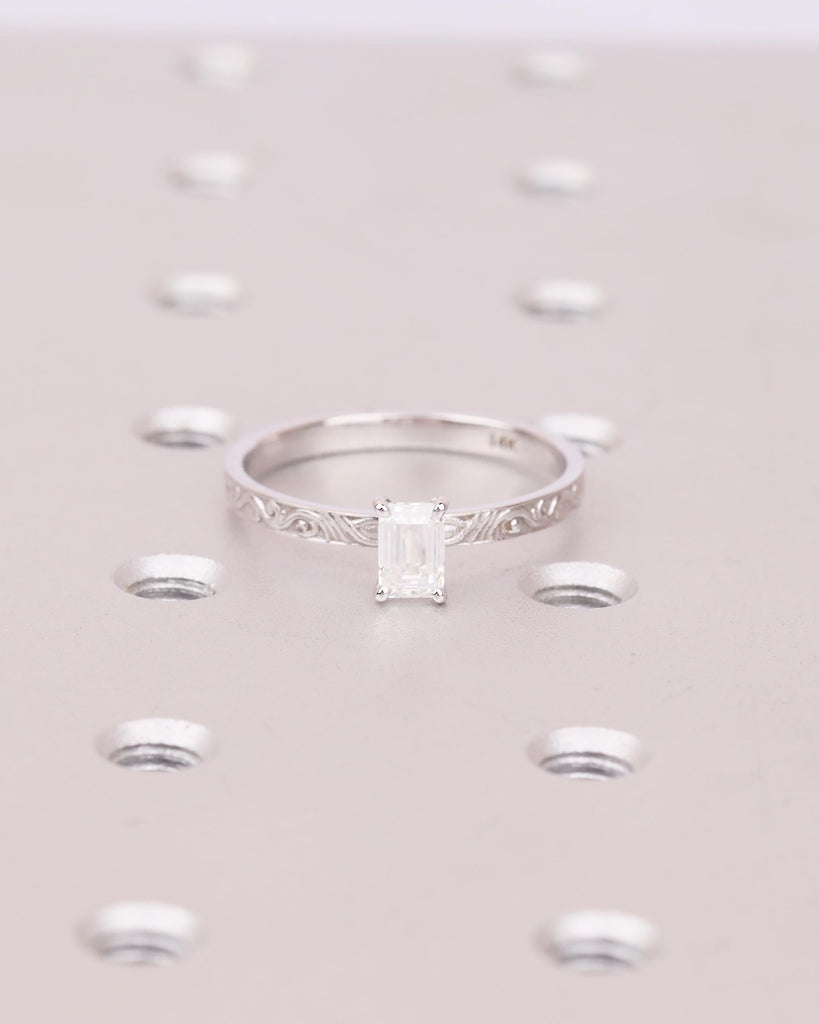 Emerald Cut Engagement Ring, Vintage Moissanite Promise Ring for Her, 14k White Gold Art Deco Scrollwork Band, Solitaire Anniversary Rings image #8