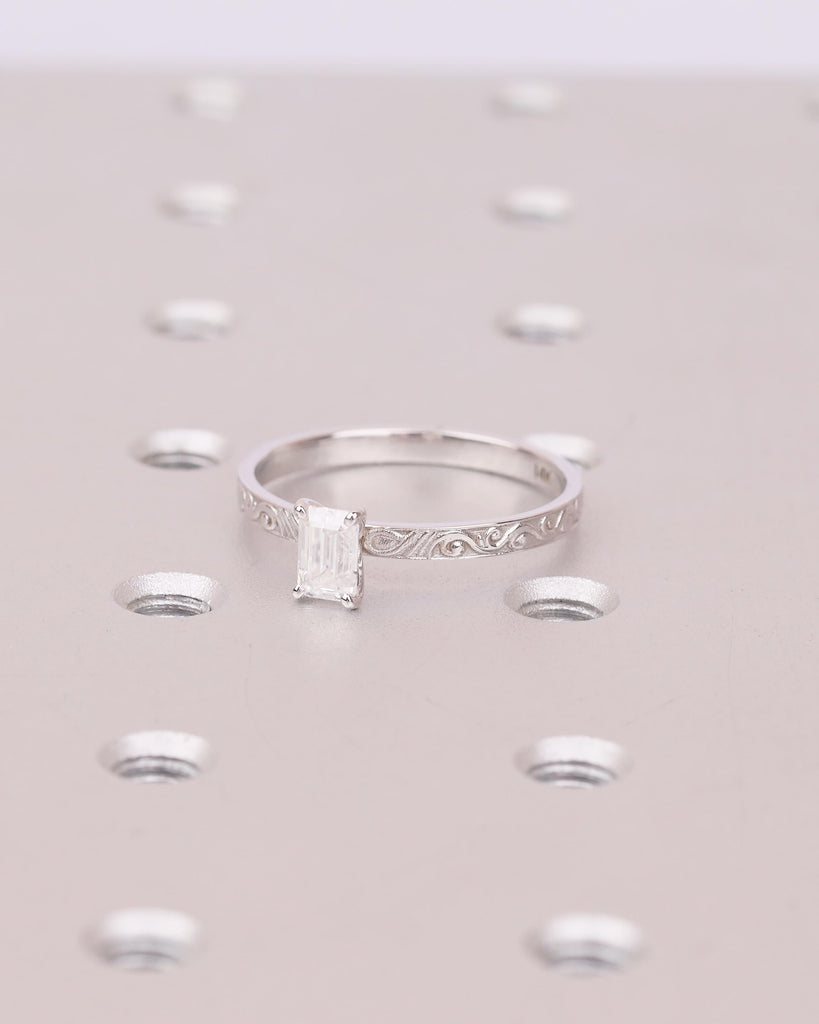 Emerald Cut Engagement Ring, Vintage Moissanite Promise Ring for Her, 14k White Gold Art Deco Scrollwork Band, Solitaire Anniversary Rings image #17