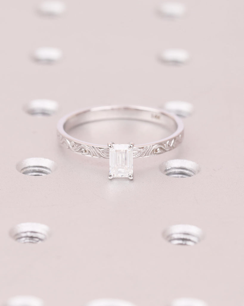 Moissanite Solitaire Engagement Ring, Emerald Cut 14k Solid Gold Filigree Ring image #5