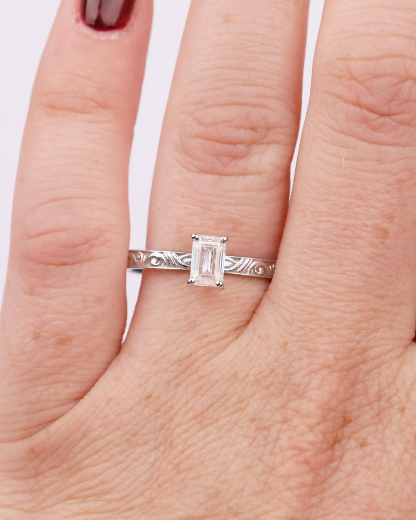 Moissanite Solitaire Engagement Ring, Emerald Cut 14k Solid Gold Filigree Ring image #11