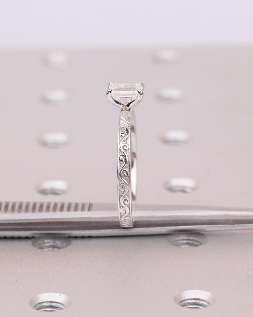 Emerald Cut Lab Grown Diamond Solitaire Engagement Ring, Filigree 14K White Gold Ring image #18