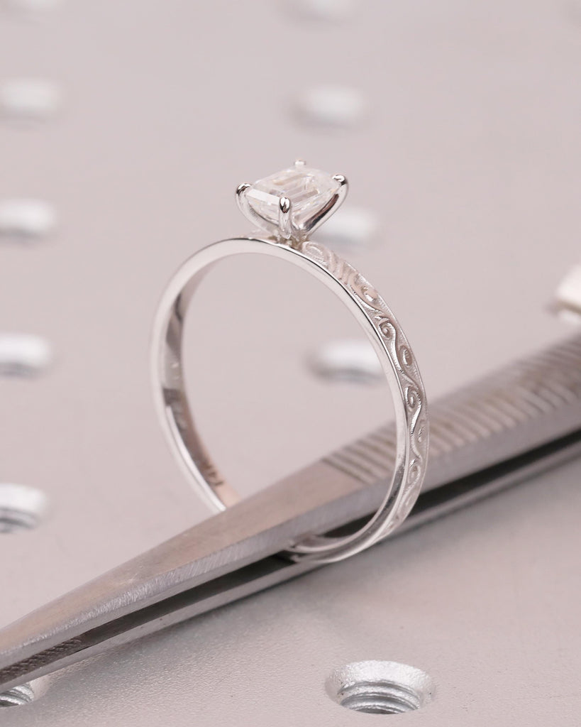 Emerald Cut Lab Grown Diamond Solitaire Engagement Ring, Filigree 14K White Gold Ring image #2