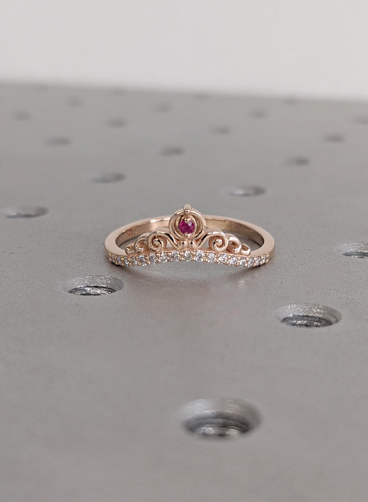 Rose Gold Crown Wedding Ring, Ruby Tiara Ring, Curved Gold Stackable Ring, Unique Princess Crown Ring, Dainty Red Gemstone Anniversary Gift