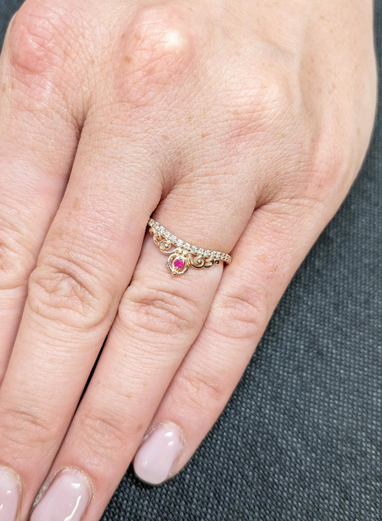Ruby Crown Wedding Band, Rose Gold Tiara Ring, Curved Diamond Chevron Band, Matching Stacking Bridal Ring, Princess Promise Ring For Her