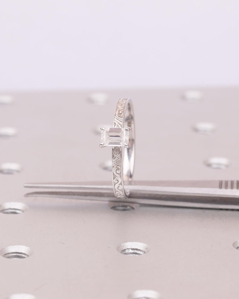 Emerald Cut Engagement Ring, Vintage Moissanite Promise Ring for Her, 14k White Gold Art Deco Scrollwork Band, Solitaire Anniversary Rings image #1