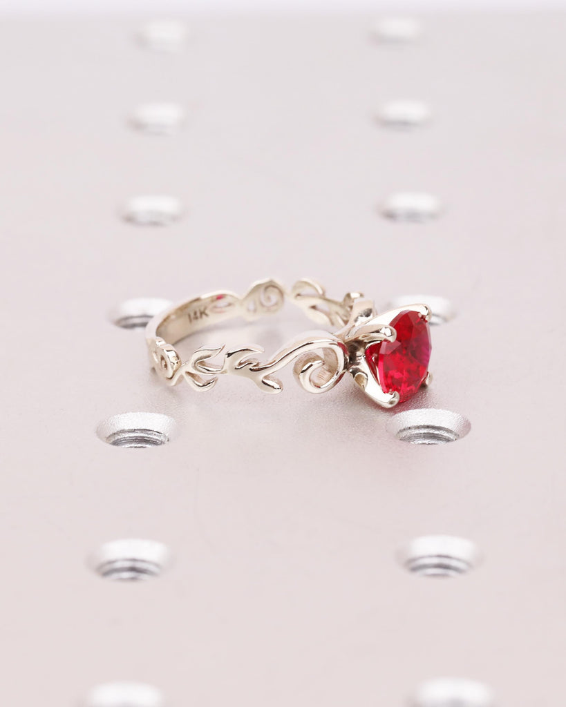 Round Lab Ruby Engagement Ring, Vintage White Gold Ring, Nature Inspired Floral Ring with Sculpted Leaf Scroll Wedding Ring, July Birthstone image #7
