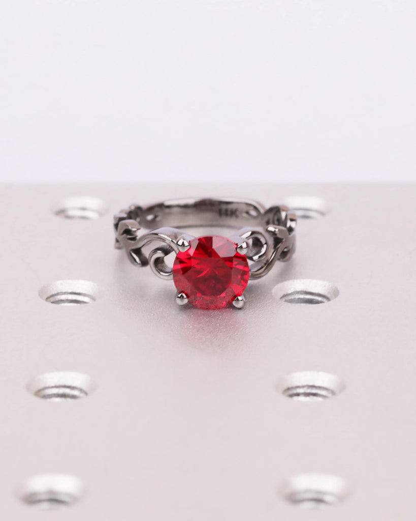 Vintage Ruby Engagement Ring in Solid 14K Black Gold, Nature Inspired Leaf Flower Ring, Red Art Deco Promise Ring, Unique Anniversary Ring